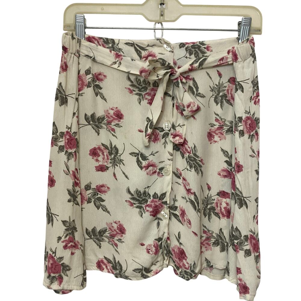 Vintage 90s Tangibles Ivory White Pink Green Floral Button Tie Skirt Medium